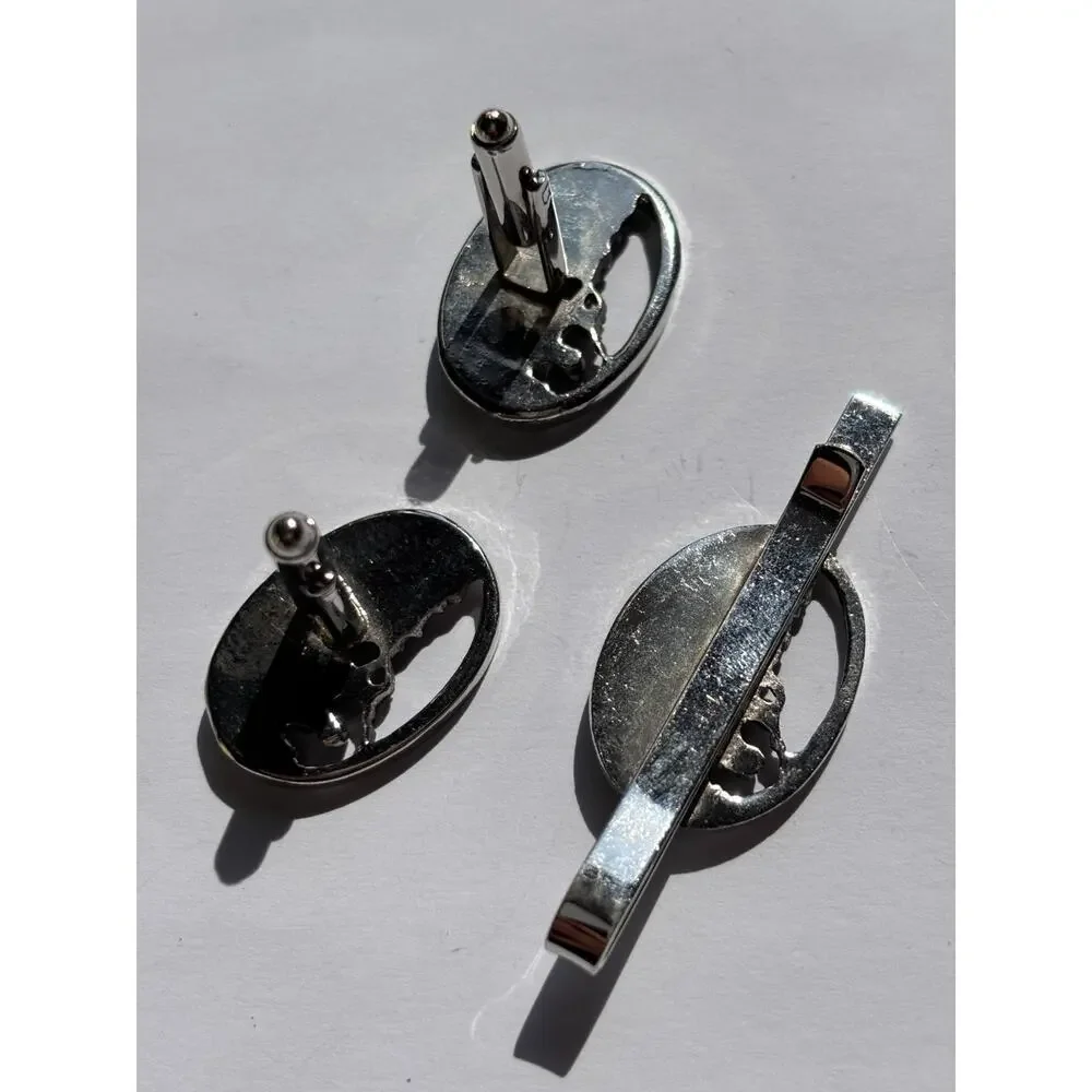 Vintage Cufflinks Tie Clip Set Antique Car Silver Tone Brass Era Novelty 3pc